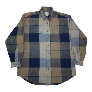 New River Plaid Button-Up Flannel Shirt Mens L Cotton Beige & Blue Long Sleeve